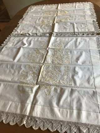 Antique 19th C hand embroidered lace trimmed pillow fronts 