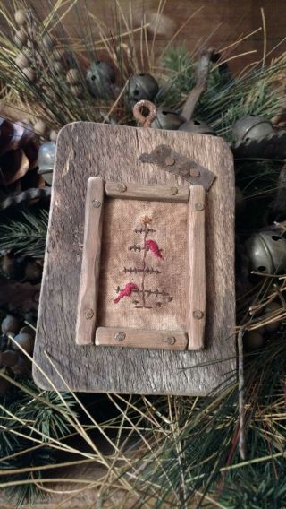 Early Inspired Primitive Handstitched Sampler Christmas Twig Tree Cardinals