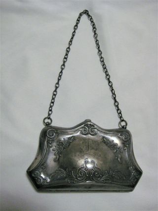 Antique Ornate Sterling Silver Clutch Purse On A Chain