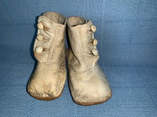 Antique Button Up Baby Shoes For Vintage Doll Or Bear Kid Leather 4” Long