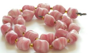 Czech Antique Art Deco Pink Swirls Glass Bead Necklace