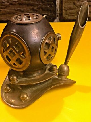 Vintage Brass Scuba Deep Sea Diving Helmet Desk Pen Holder Paperweight Rare