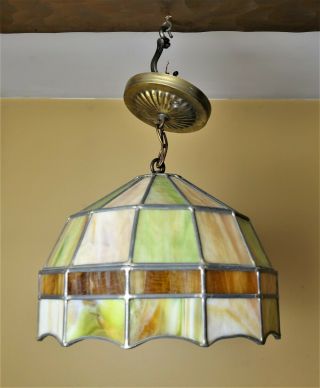 Vintage Leaded Stained Glass Hanging Light Swag Tiffany Lamp 11” Diameter