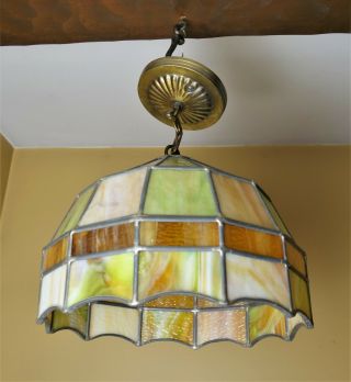 Vintage Leaded Stained Glass Hanging Light Swag Tiffany Lamp 11” Diameter 2