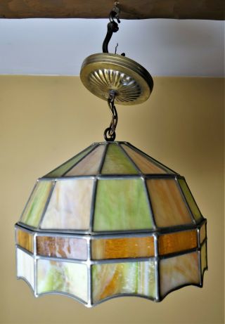 Vintage Leaded Stained Glass Hanging Light Swag Tiffany Lamp 11” Diameter 3