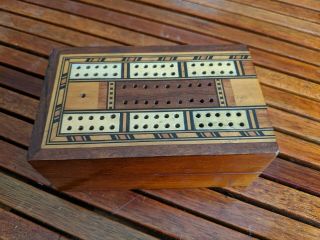 19th C.  Wood And Bone Inlaid Cribbage Board And Storage Box Antique