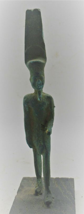 Rare Ancient Egyptian Bronze Statuette Of Standing Ptah On Wooden Stand