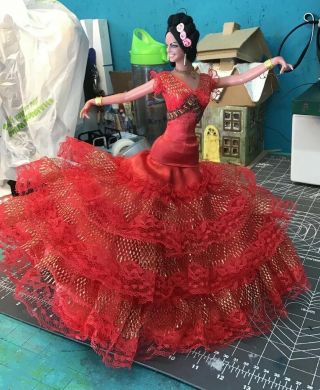 Vintage Marin Chiclana Espana Flamenco Woman Dancer Red Dress 12 Inch Doll