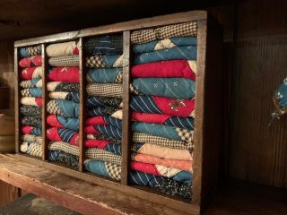 Old Divided Wooden Box Early Red & Blue Calico Quilt Scrapes Primitive Textiles