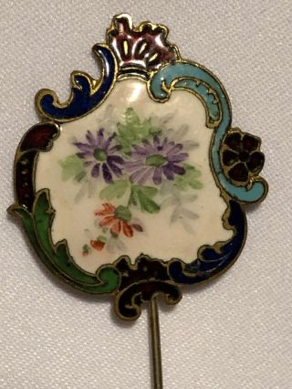 Antique French Champleve Enamel Gilded Floral Hand Painted Pin/button