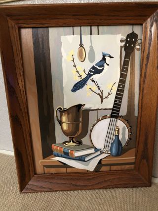 Vintage Mid Century Paint By Number Paintings Framed Birds Violin Banjo
