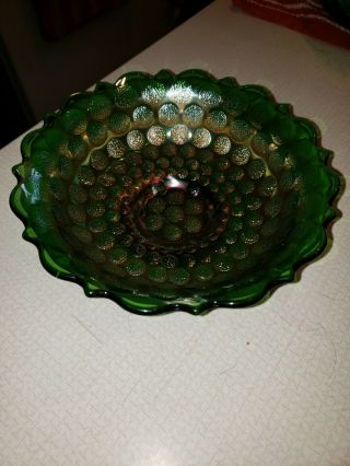 Antique Fenton Stippled Coin Dot Green 7 " Carnival Glass Bowl