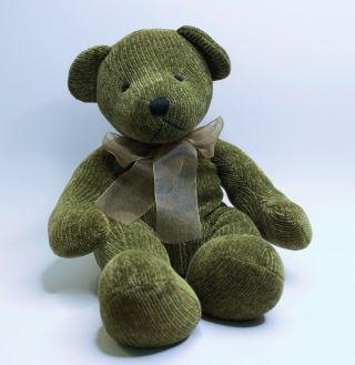 Pier 1 One Imports Green Corduroy Teddy Bear Bow 15” Plush Rare Weighted