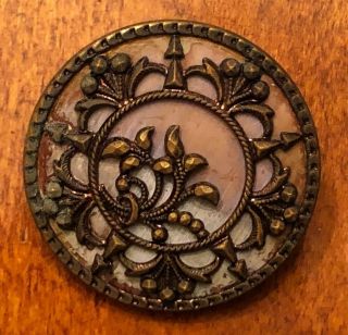 Unusual Large Antique Victorian Celluloid & Metal Button,  Dusty Rose 1 1/4 "