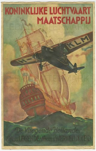1928 Klm Fokker Vintage Advertising Poster 11 X 17 Aviation,  Flying Dutchman