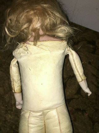 Antique Bisque Doll with Leather Body,  Blonde Hair Wig,  Brown Eyes 2