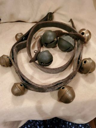 9 Brass Vintage/antique Sleigh Bells Jingle Bells On Torn Leather Straps
