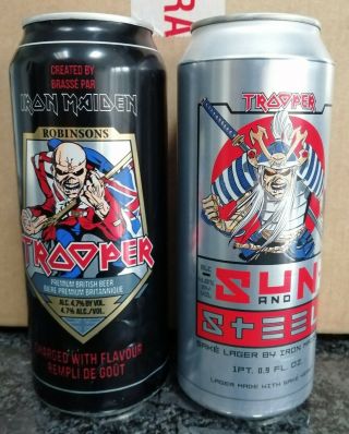 2x Iron Maiden Trooper Beer (empty) Cans - Sun & Steel / Standard (canada) Rare