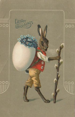 Cute Dressed Bunny Rabbit With Walking Stick & Egg Antique Easter Postcard - M496