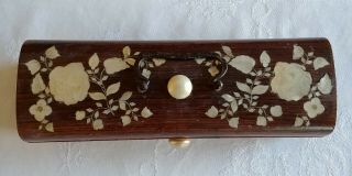 Antique Chinese Wooden Box Carved Mother Of Pearl & Silver Inlay