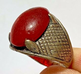 Ancient Roman Silver Ring With Rare Red Stone 7.  9gr 30mm (inner 21mm)