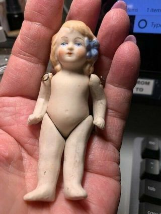 Antique Vtg Bisque Doll,  3.  5 ",  Blond Molded Hair,  Wire Jointed,  Signed,  Germany