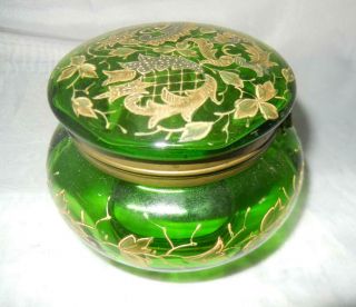 Antique Bohemian Moser Green Glass Enameled Dresser Trinket Box Hinged