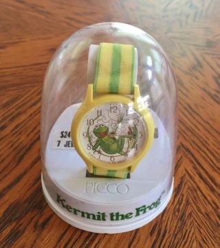Vintage 1979 Picco 7 Jewel Kermit The Frog Mechanical Watch In The Case Read