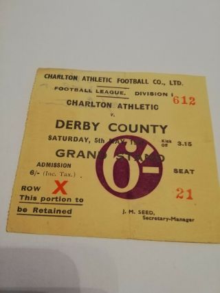 Rare 1951 Charlton Athletic V Derby County Ticket Stub