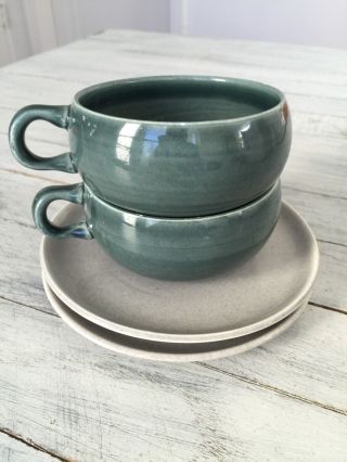 Vintage Russel Wright Set Of 2 Cups And Saucers Blue And Gray Some Chips