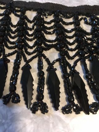 20,  In.  Jet Black Bead Fringe Trim Sead & Arrowhead Shape Lamp Mourning Antique