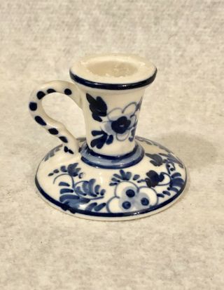 Vintage Chinese Blue And White Ceramic Candle Holder Floral Design 2” High