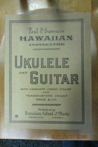 Paul F.  Summers Hawaiian Ukulele Guitar Book Chord Chart Honolulu Oop 1925 Rare