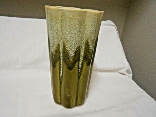 Vtg Mid Century Modern Tall Olive Green & Gray Drip Art Pottery Vase