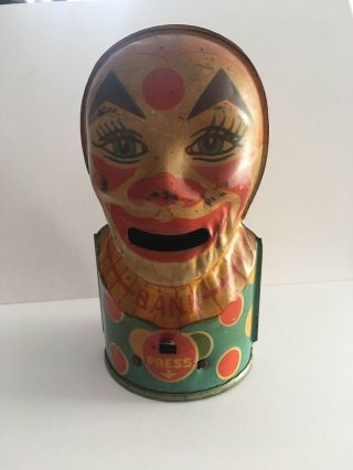 Antique Tin Litho J Chein Usa Clown Mechanical Bank Toy