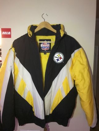 Rare Vtg 90s Pittsburgh Steelers Color Block Game Day Rain Hoodie Jacket Mens M