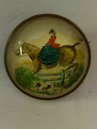 Antique Intaglio Glass Reverse Painted Dome Horse Dog Hunting Equestrian Brooch