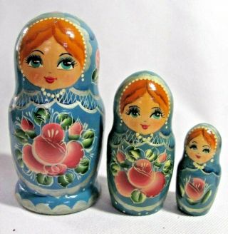 Vintage Set Of 3 Matryoshka Nesting Dolls Russia ? Hand Painted Blue Eyes Roses