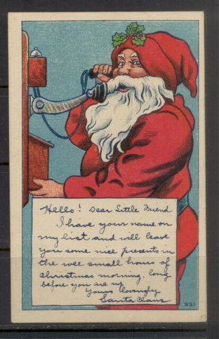 Early 20th C.  Santa W/holly On Hat Using Antique 2 - Piece Wall Telephone Color Pc