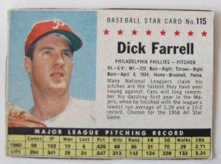 1961 Post Cereal Baseball 115 Dick Farrell Philadelphia Phillies Ex Rare?