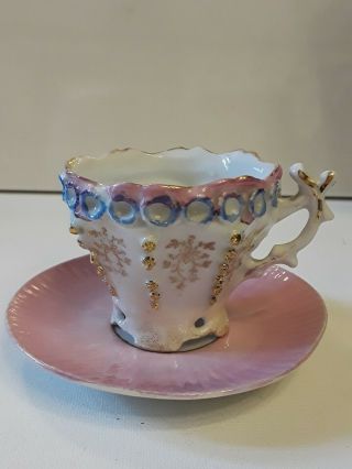 Vintage Gold Pink Hand Painted Porcelain Luster Ware Tea Cup Saucer Made Germany