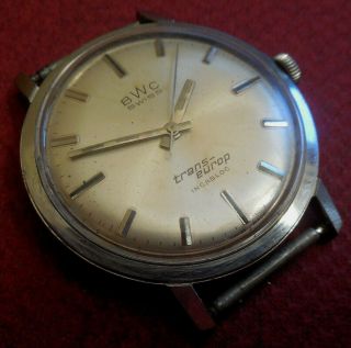 Vintage 1950s Oversized B.  W.  C.  Trans - Europ 17 J.  Swiss Watch Running Wristwatch