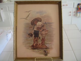 Vintage Framed Art Lithograph Print Of A Boy & Girl At The Beach With A Dog