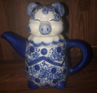Rare Vintage Blue And White Porcelain Ceramic Pig Tea Pot