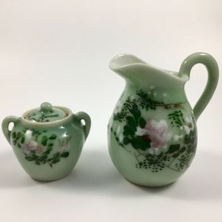 Antique Japanese Meiji Celadon Creamer And Suger With Raised Floral Decoration