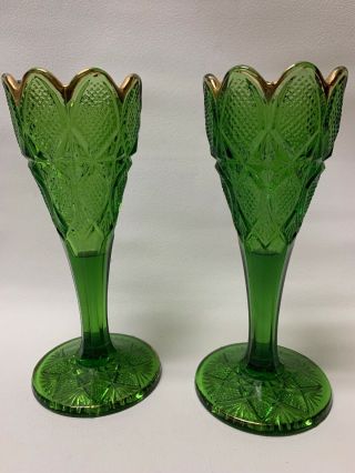 Antique Us Glass Co Pennsylvania Pattern Green Trumpet Vase 6 3/8 " Eapg
