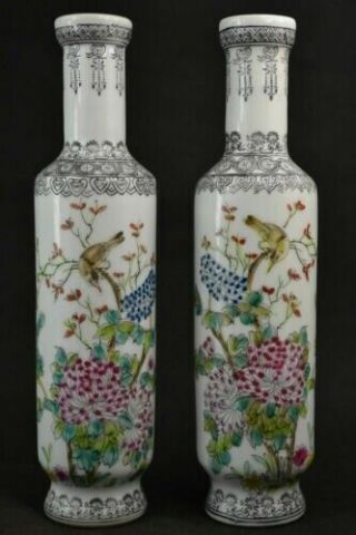 A Pair Exquisite Chinese Old Porcelain Handwork Flower Bird Painted Vase