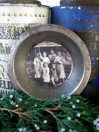 Antique Tin Toy Pie Pan W Old Photo Print 4 - 1/4 " Diameter