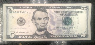 2013 $5 Dollar ☆ Star Note ☆ Very Rare.  Total Run Size 640,  000
