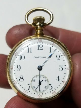 Antique Lady Waltham Pocket Watch Gold Filled Case Runs